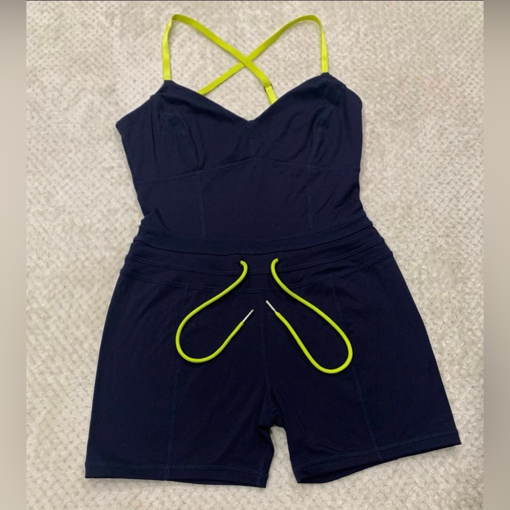 Navy and Neon Green Women's Romper